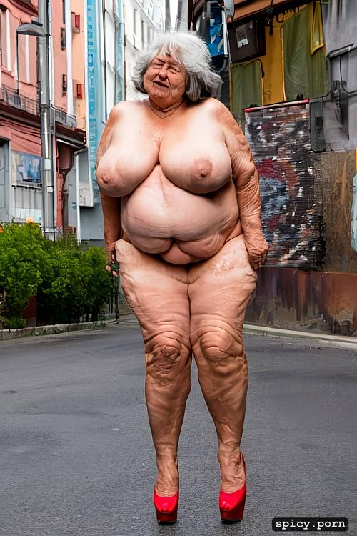 face, in the busy street, shaggy fat boobs, grey hair, 8k, ultra detailed