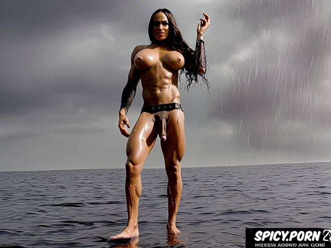 shemale, rain, nude, storm, white skin, high water waves, confident expression