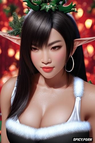 ultra detailed, ultra realistic, tifa lockhart final fantasy vii rebirth slutty low cut christmas elf costume soft lights beautiful face asian skin tone portrait