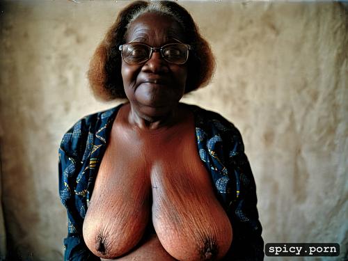 camera full body frontal, obese african granny, double chin