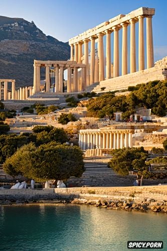 stunning face, pale skin, traditional greek woman, topless, historical greek buildings in the background