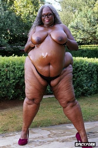 standing, 150 years old black, fat, elderly, ssbbw, naked, busty