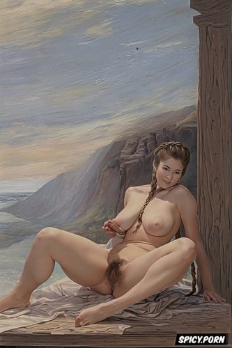 very small breasts, innocent, big areolas, french braid, nude