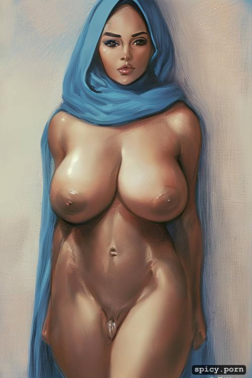bright hijab, narrow waist, oiled body, blue lace stockings