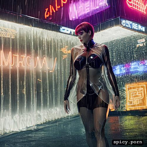 black bikini bottom, large saggy breasts, transparent top, futuristic neon lights