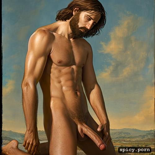 naked, six pack abs, mary magdalen kneeling before him, halo