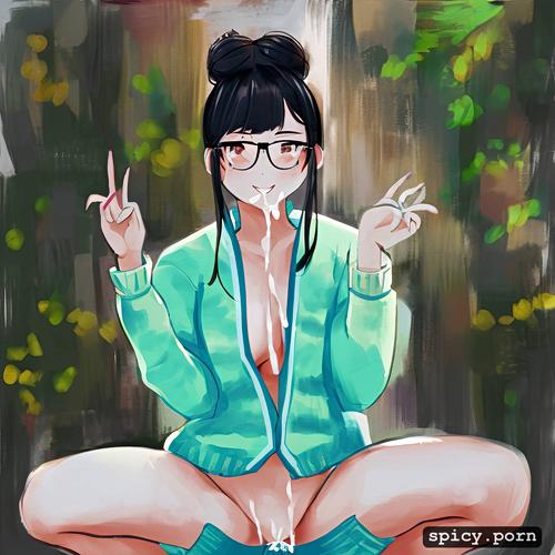 glasses, smiling, naked, squatting, cum on face, hair in twin buns