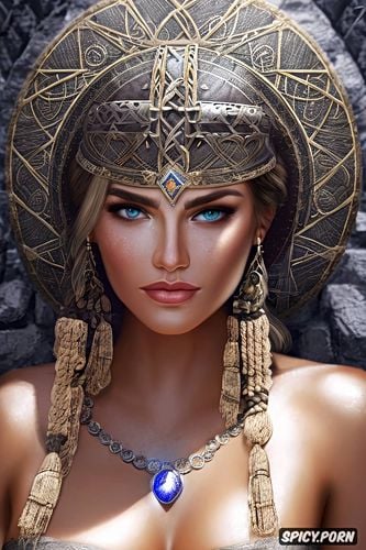 extreme detail beautiful face young, in a viking hall, natural breasts
