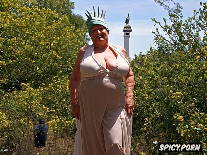 poses like the statue of liberty 16 k, 90 year old fat old woman dressed as the statue of liberty seen in full body showing her well detailed obese body
