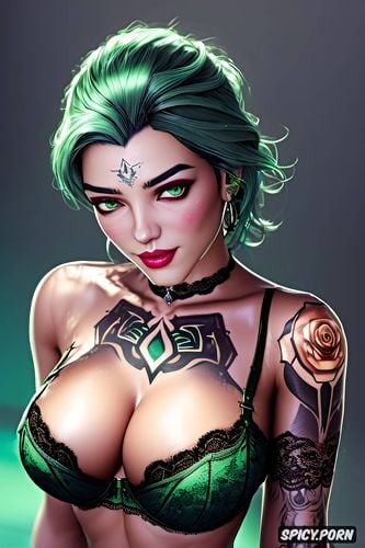 k shot on canon dslr, ultra realistic, ashe overwatch beautiful face young tattoos small perky tits elegant low cut dark green lace lingerie masterpiece