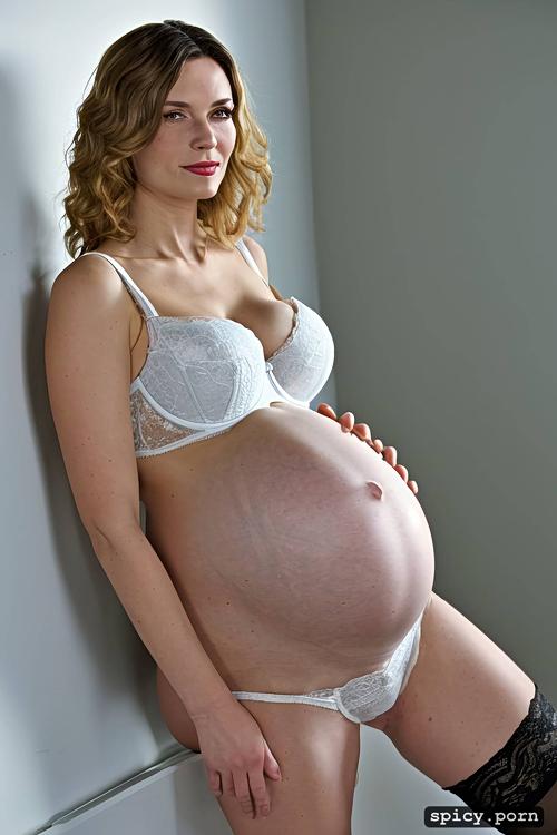 perfect face, pregnant, russian lady, precise lineart, curly hair