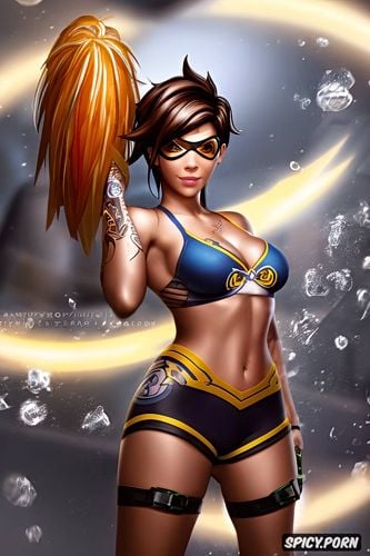 tracer overwatch beautiful face young full body shot, tattoos small perky tits naughty cheerleader costume masterpiece
