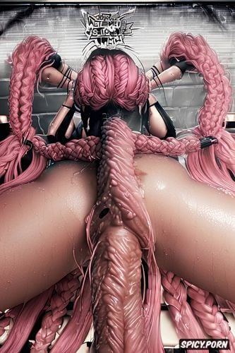 pussy and ass and mouth, braids in long pigtails, detail to deepthroat