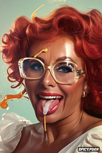 wide open mouth, sophia loren, lush red curls, big glasses, sticking out tongue