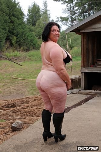 fat old woman, nipples with clamps, full length view, bruised buttocks marked by a whip