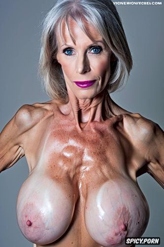 best quality, intricate, massive breast implants, silver hair