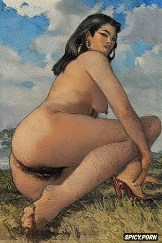 seductive, naked, stunning, post impressionism, fat thighs, in heels