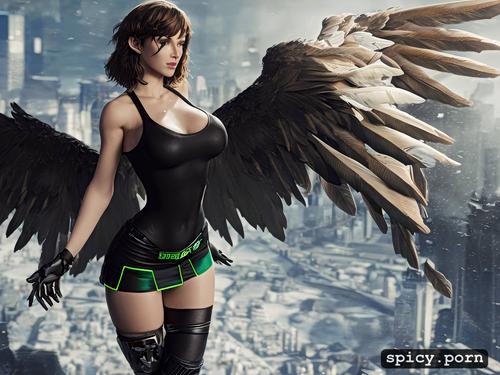 realistic, perfect athletic female fallen angel, green miniskirt