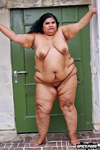 shaved armpit, dangling belly s skin, naked short ssbbw mexican granny on threshold steps at home s door
