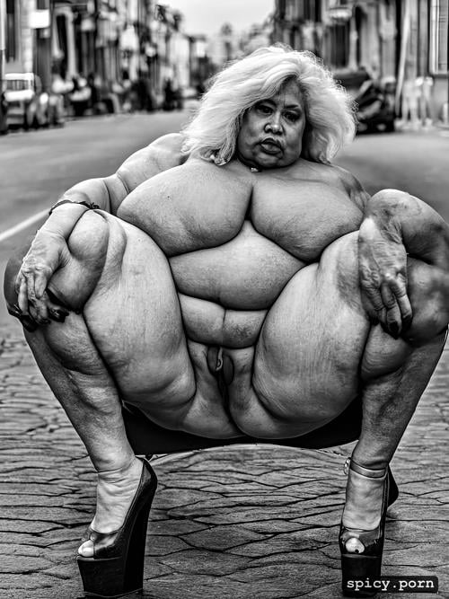full nude, ultra detailed, obese lady, big fat ass, long white hair