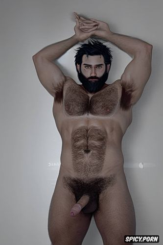 solo chubby hairy gay man with a big dick showing full body and perfect face beard showing hairy armpits indoors beefy body dark brown hair vintage gay porn star