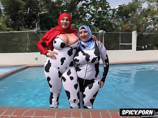 heavy tits, wearing full red spandex suit, fully clothed busty woman in the swimming pool with hijab red scarf swimming suit hold by arabian muscled man wearing argentinian football team shirt