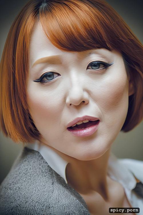 factory, fit body, ginger hair, beautiful face, cosplay, bobcut hair