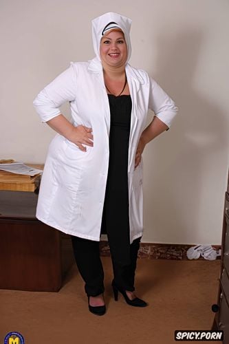 uniform is too tight for her big body, nurse with hijab, fat