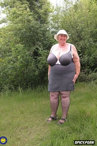 in mules, ugly face lots of wrinkles, nude, old granny, saggy tits big hairy pussy