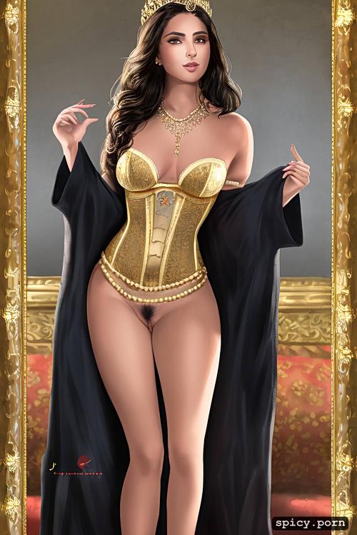 gold necklace with pendant, wearing royal clothes, short pubic hair