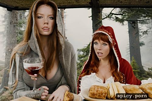 waist long braided hair, redhaired, pissing on wolf, with bread and wine