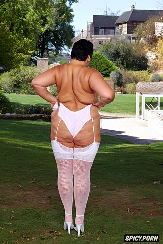 large high hips, sagging fat belly, symmetric, at street, an old fat hispanic naked woman with obese belly