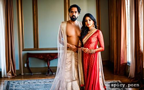 brides are wearing only jewellery and no dress, two sexy indian bride with long dark hair