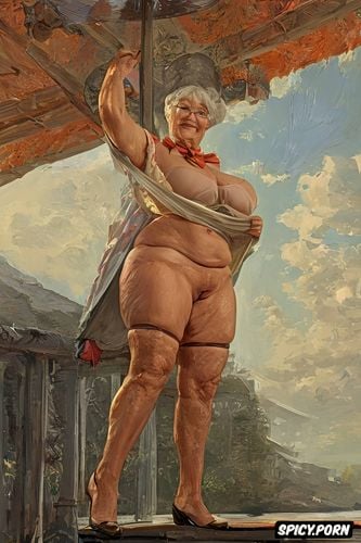 the fat grandmother has nude pussy under her skirt shows open realistyc labia upskirt very old