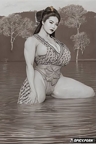 long hair flowing weightlessly, pencil drawing, in a river, royalty