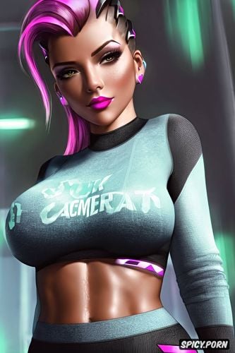 ultra detailed, ultra realistic, sombra overwatch tight black sweater yoga pants beautiful face full lips milf full body shot