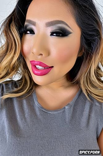 face closeup, eye contact, glossy lips, asian, slut makeup