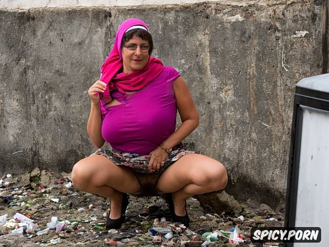 garbage dump, small nose hair with huge floppy tits, standing straight in east european big city streets