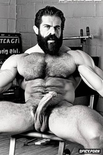 flexing his massive biceps and huge hairy thighs his powerful forearms are also tensed