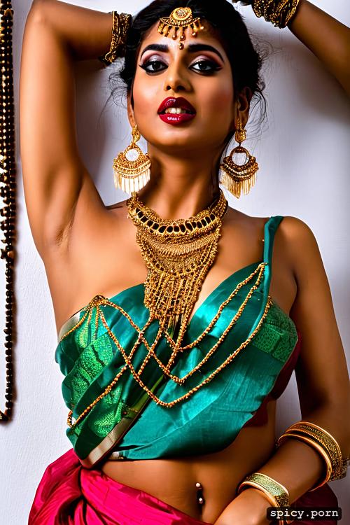 see though nipples, seducing pose, gold jewelry, wide hips, saree