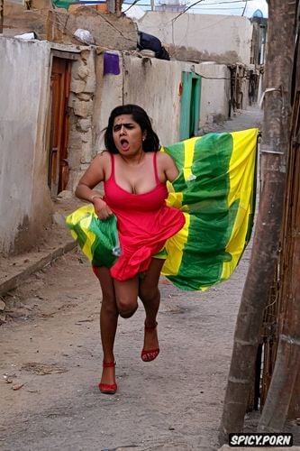 clothes half torn off, a persecuted stunning pakistani female villager frantically running in the streets