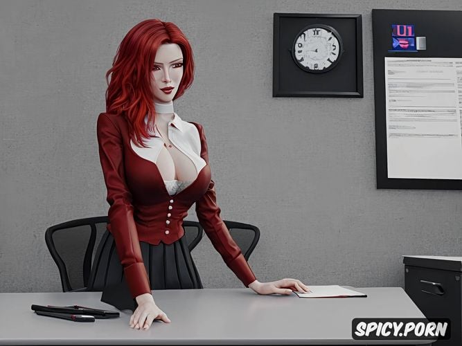 no panties, school uniform, white lady, bent over desk, red hair