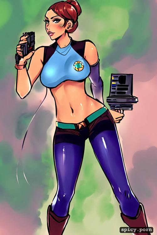 pony tail, laser gun, busty, pretty face, tall, flowing hair