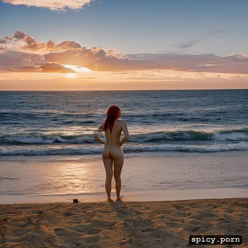sunset beach, hires 12k, redhaired beauty pees on little penis of naked tarzan guy