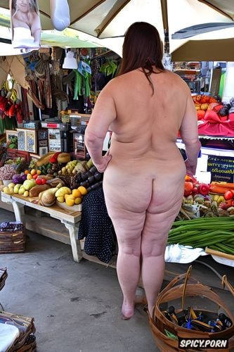 realistic luck, obesity, bulging ass, photo quality, naked fat old woman looking askance at a market stall full of dildos and inflatable dolls