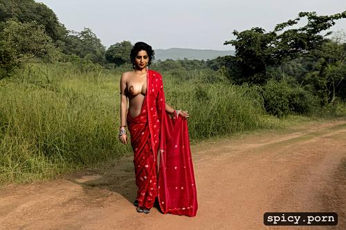 indian women, full view, nude, red saree, black curly hair, village