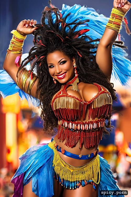 flawless smiling face, 38 yo beautiful tahitian dancer, intricate beautiful hula dancing costume