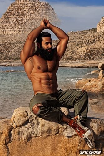 ne alone naked athletic arab man, full body view, hairy, hairy body