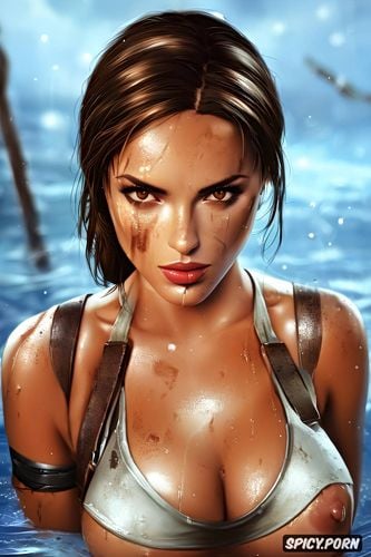 high resolution, ultra detailed, lara croft tomb raider beautiful face young topless tits out