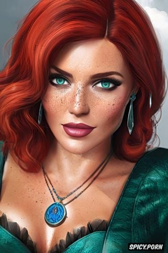 ultra detailed face shot milf, ultra realistic, triss merigold the witcher tight outfit beautiful face no makeup smirk